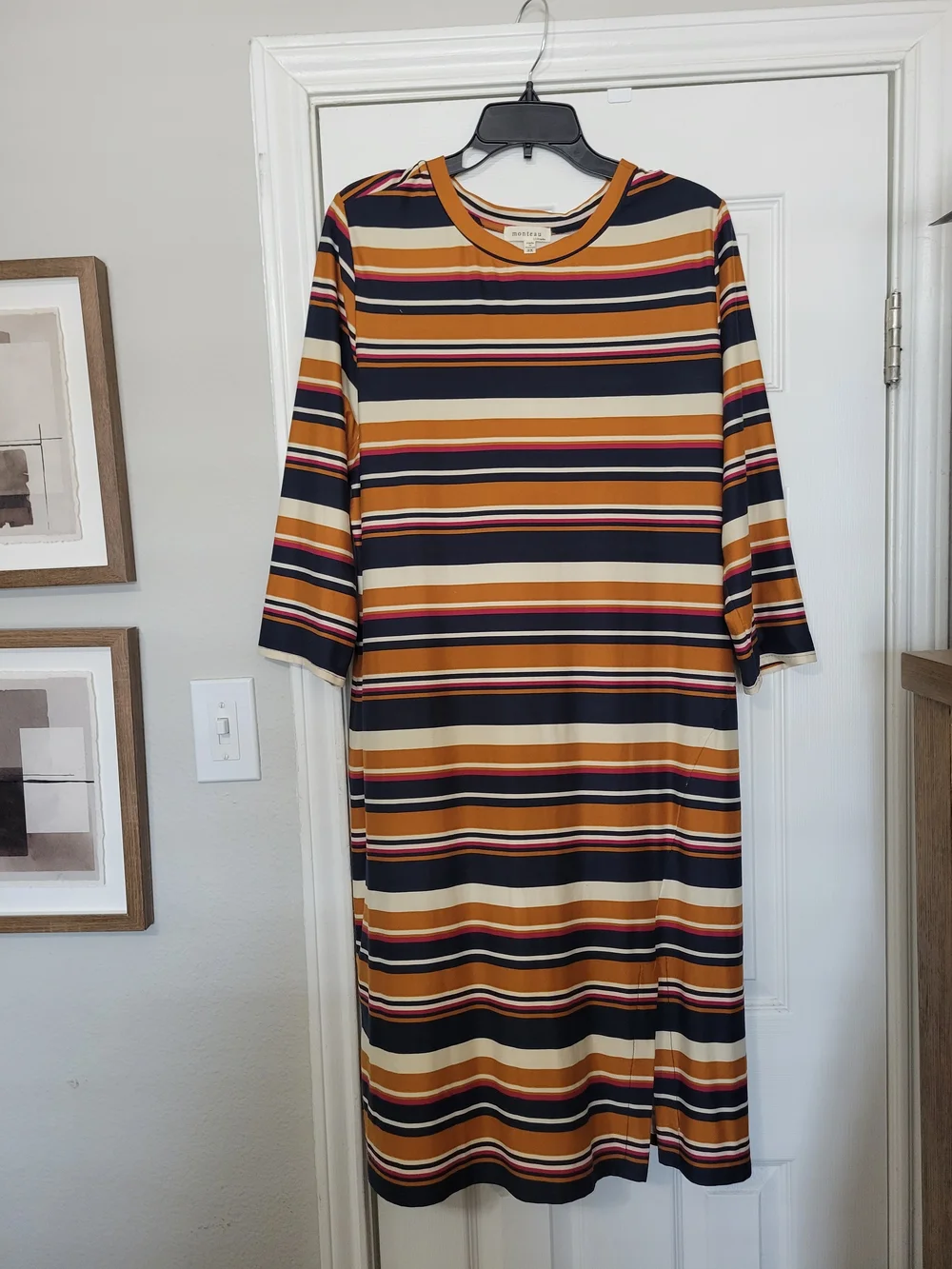Monteau Striped Midi Dress in Navy, Mustard & Cream